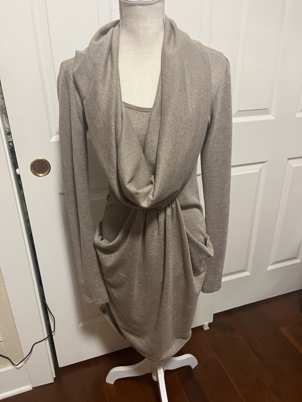 Taupe Cowl Neck Lightweight Long-Sleeve Women's Dress with Pockets